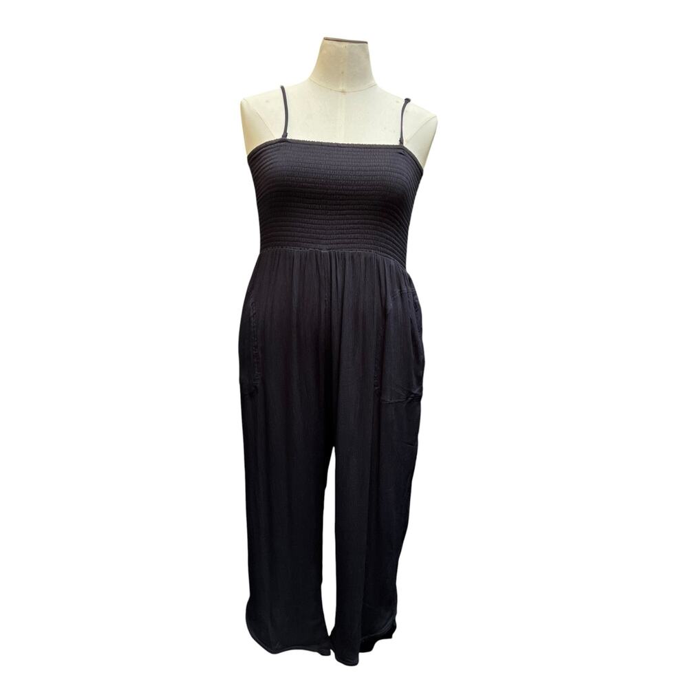 prAna XL Black Tencel Modal Smocked Wide Leg Jumpsuit Boho Romper Pocket Casual